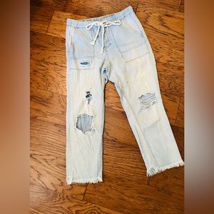 Free People Distressed Button Fly Rope Belt Cropped Jean